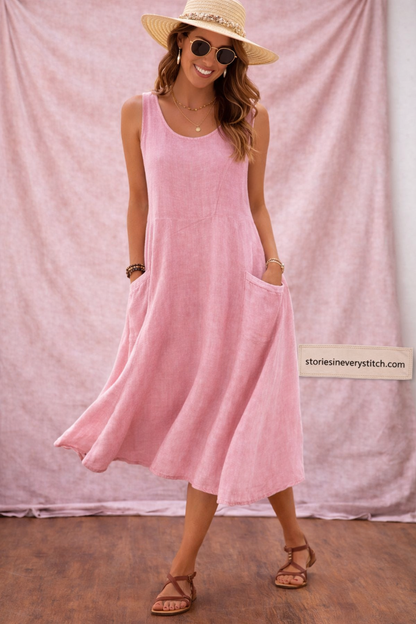 Sleeveless Maxi Dress with Round Neck and Pockets – Relaxed Flowy Fit