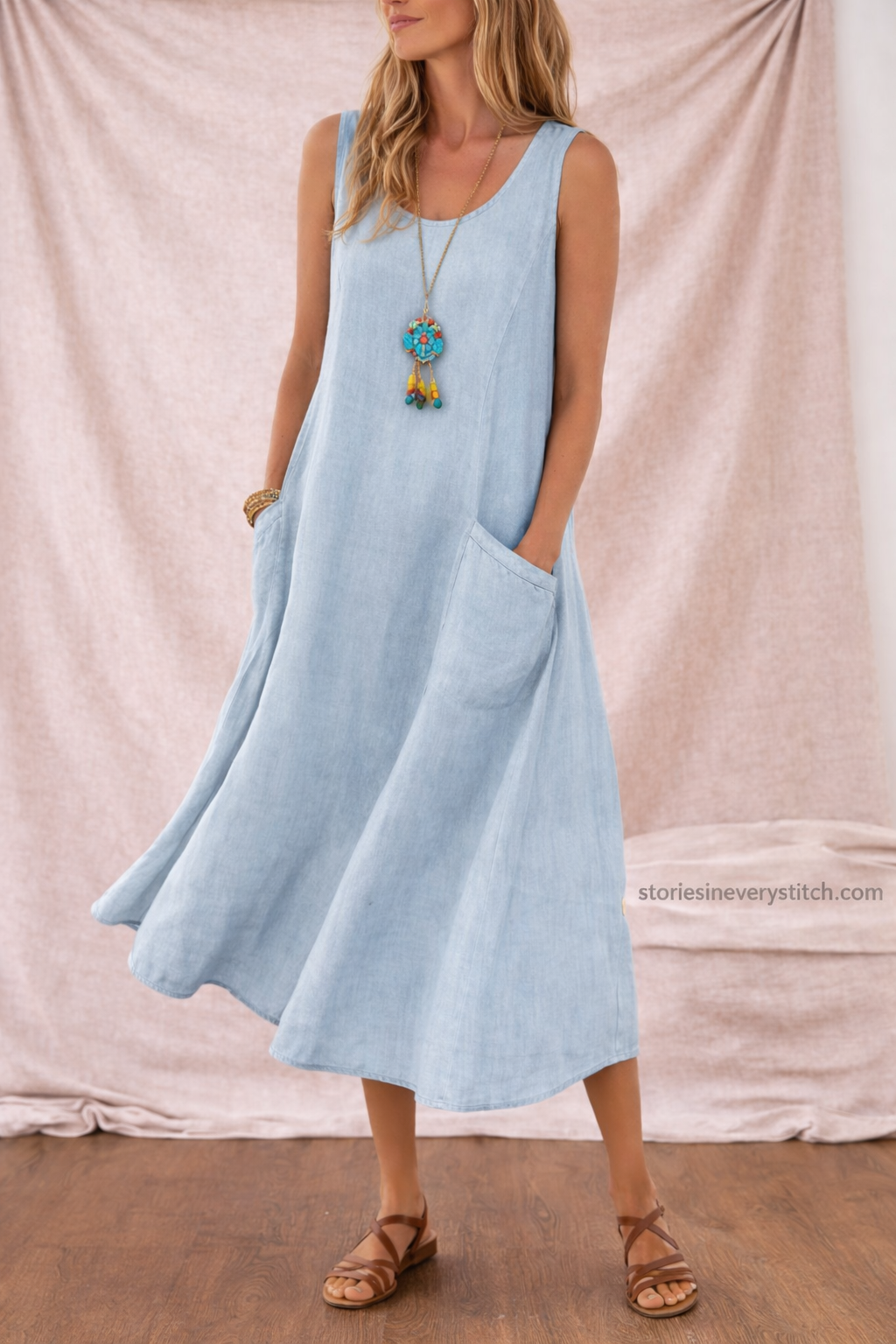 Sleeveless Maxi Dress with Round Neck and Pockets – Relaxed Flowy Fit