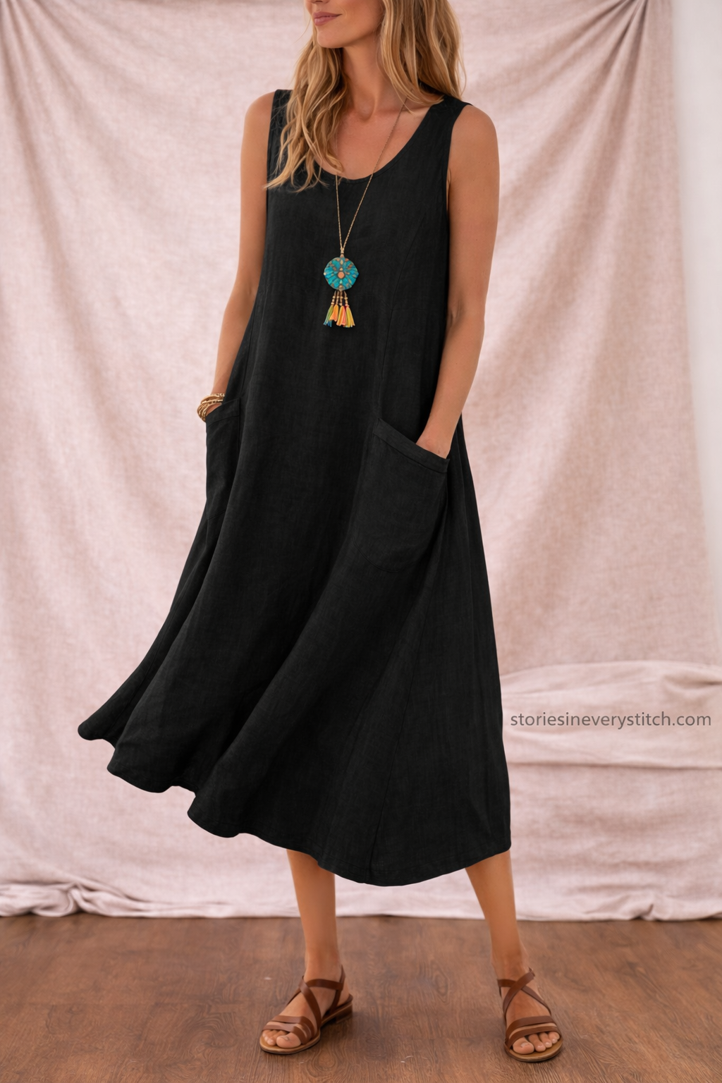 Sleeveless Maxi Dress with Round Neck and Pockets – Relaxed Flowy Fit