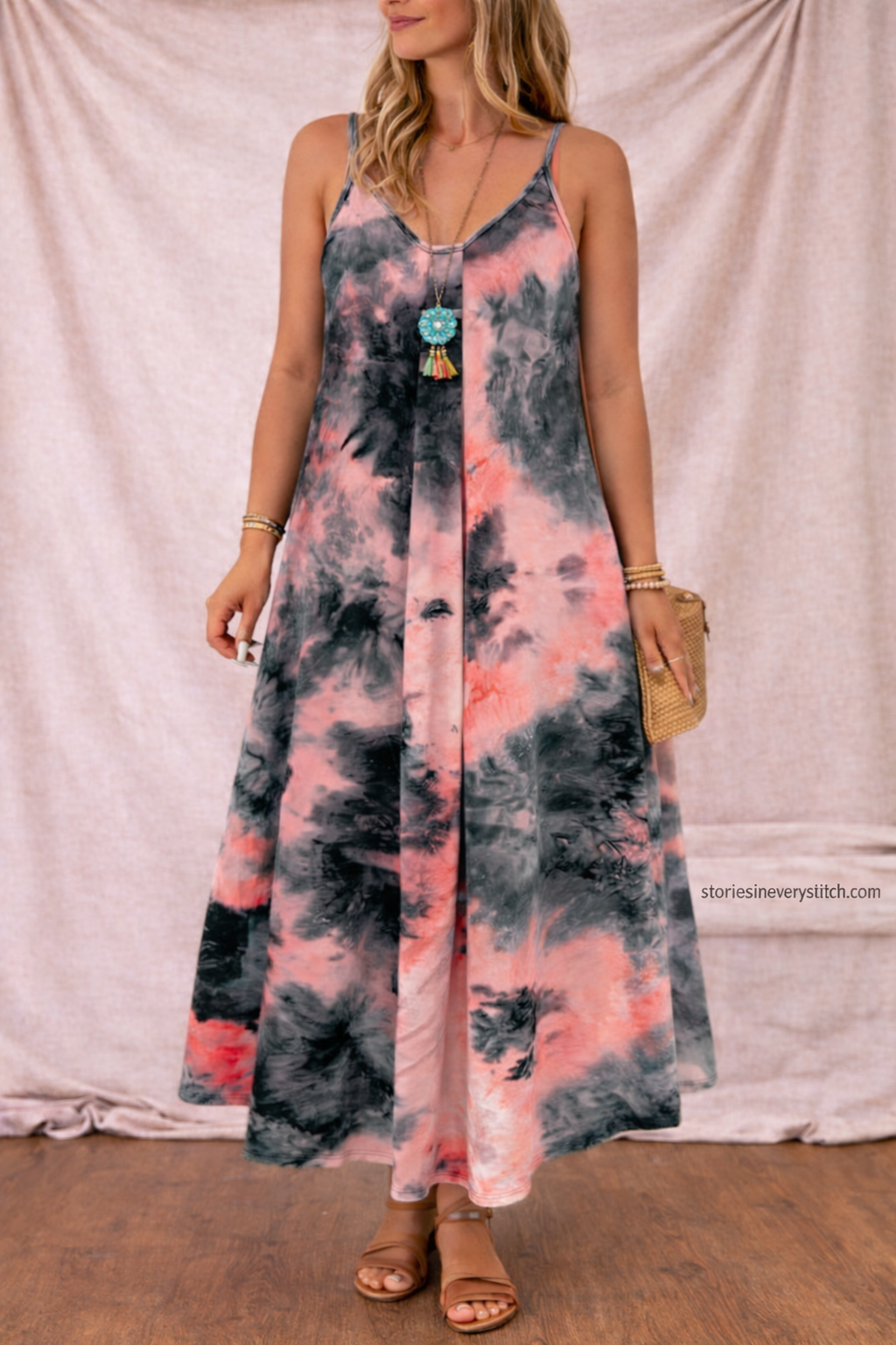 Tie-Dye Maxi Dress with Spaghetti Straps and V-Neck – Relaxed Flowy Fit