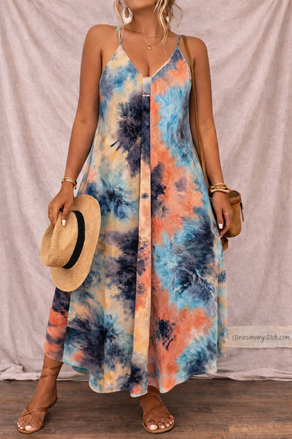 Tie-Dye Maxi Dress with Spaghetti Straps and V-Neck – Relaxed Flowy Fit