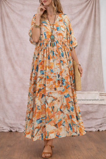Boho Printed Maxi Dress with Short Sleeves and V-Neck – Relaxed Flowy Fit