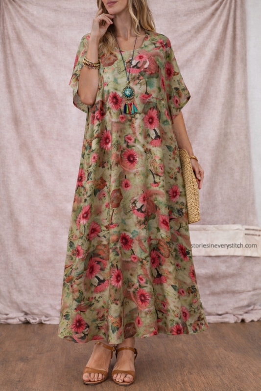 Women’s Vintage Floral Maxi Dress – Loose Short Sleeve Boho Summer Dress