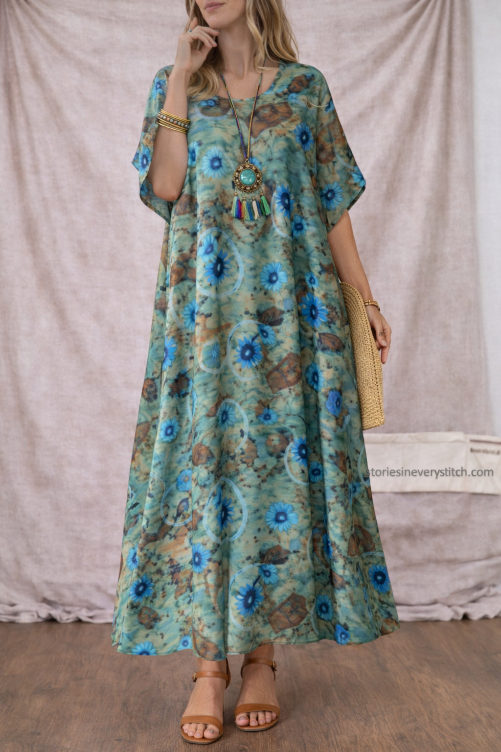Women’s Vintage Floral Maxi Dress – Loose Short Sleeve Boho Summer Dress