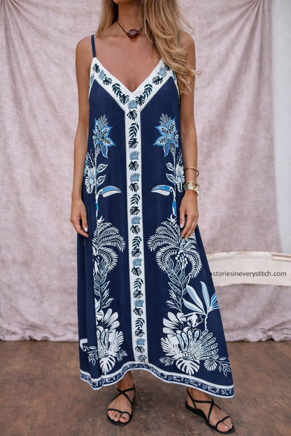 Women’s Boho Printed Maxi Dress – Spaghetti Strap V-Neck Summer Beach Dress