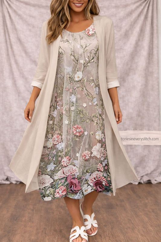 Women’s Floral Layered Midi Dress – Elegant 3/4 Sleeve Casual Summer Dress