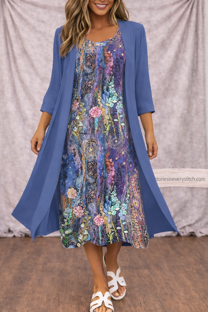 Women’s Floral Layered Midi Dress – Elegant 3/4 Sleeve Casual Summer Dress