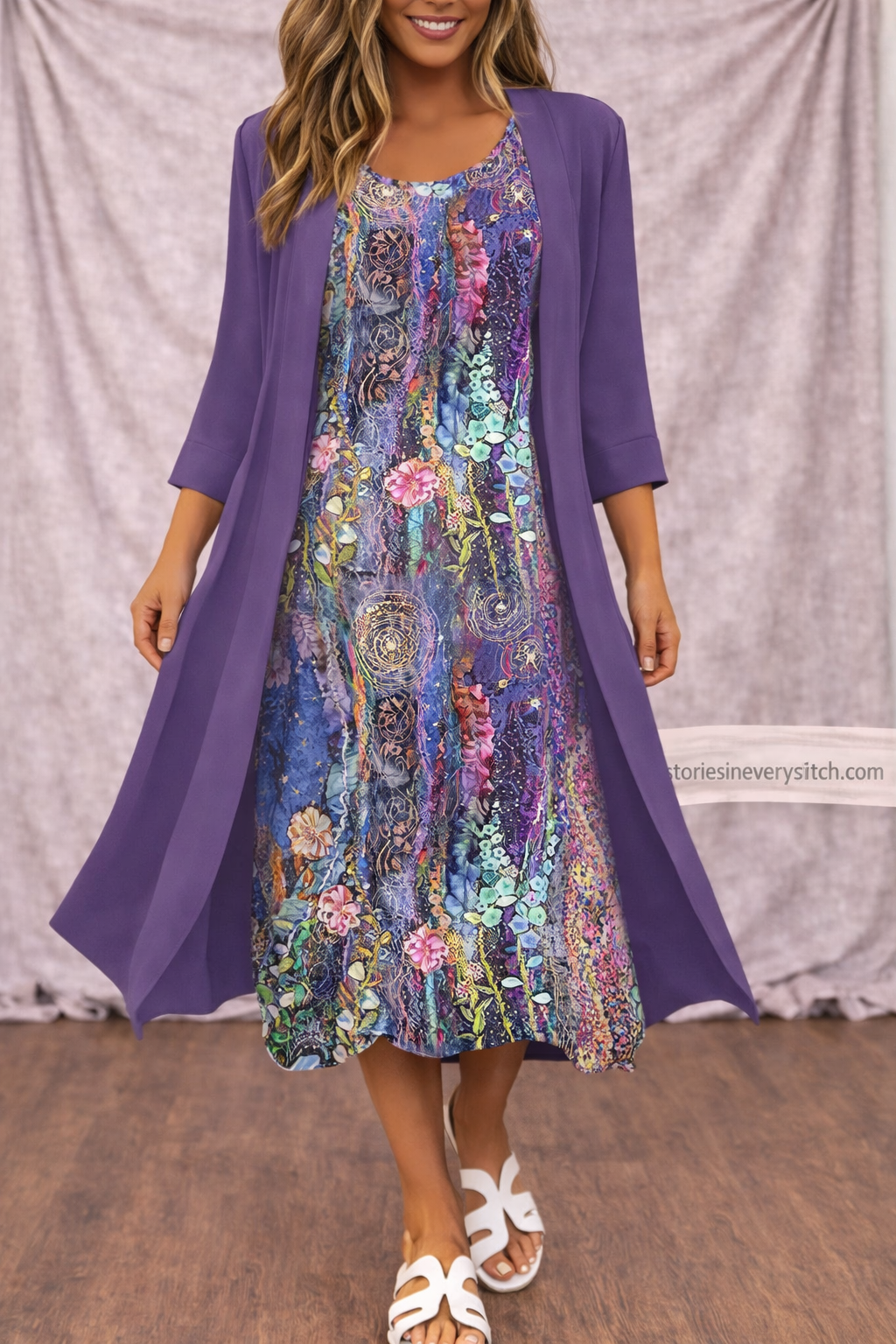 Women’s Floral Layered Midi Dress – Elegant 3/4 Sleeve Casual Summer Dress