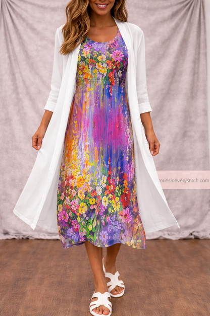 Women’s Floral Layered Midi Dress – Elegant 3/4 Sleeve Casual Summer Dress