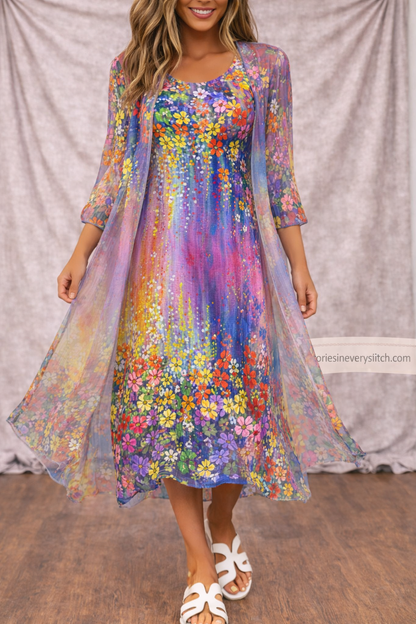 Women’s Floral Layered Midi Dress – Elegant 3/4 Sleeve Casual Summer Dress