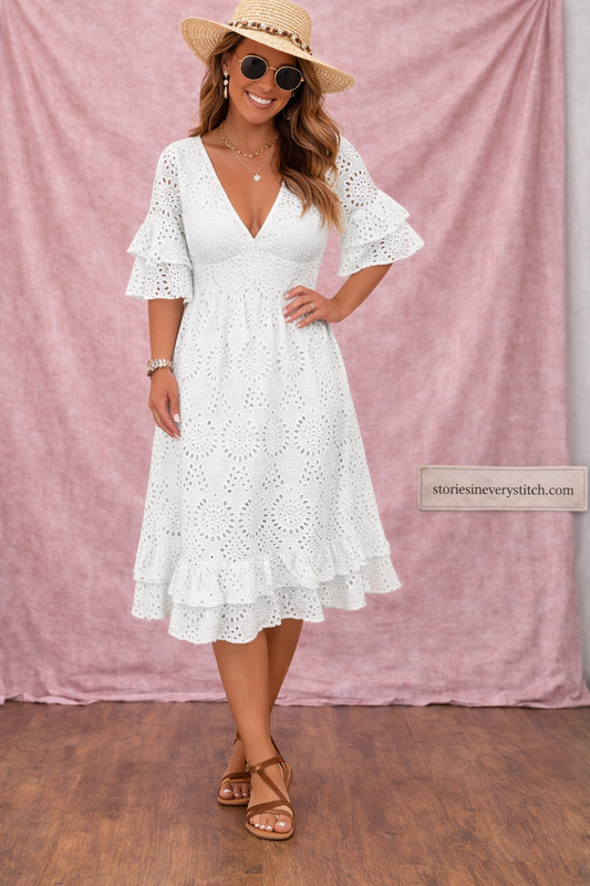 Women’s Boho Eyelet Mini Dress – V-Neck Ruffle Sleeve Casual Summer Dress