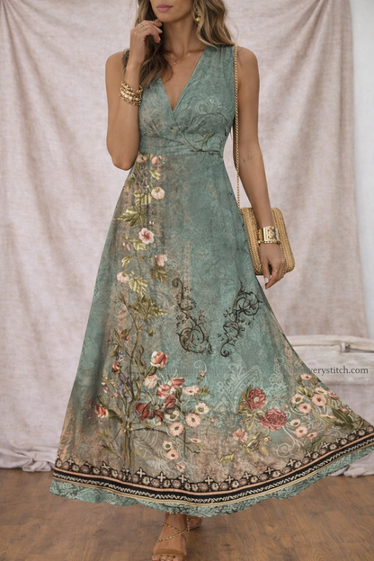 Floral Maxi Dress with V-Neck and Sleeveless Design – Relaxed Flowy Fit