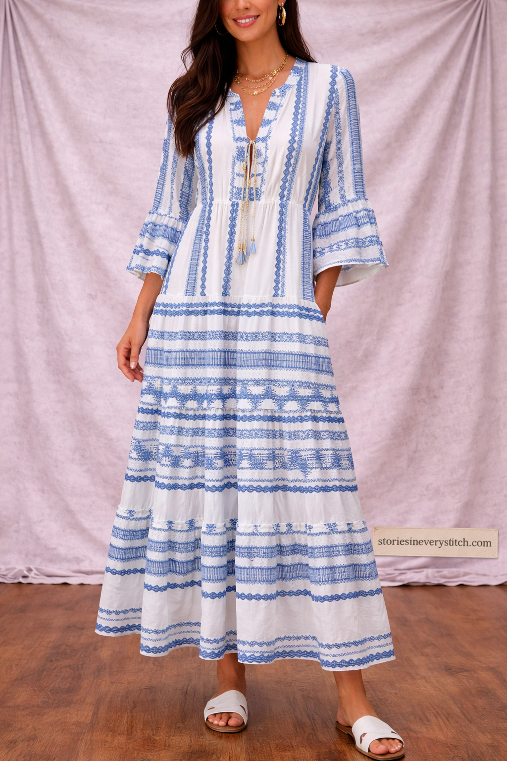 Striped Maxi Dress with V-Neck and Three-Quarter Sleeves – Relaxed Flowy Fit