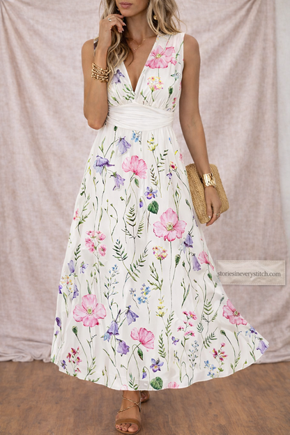 Floral Maxi Dress with V-Neck and Sleeveless Design – Relaxed Flowy Fit