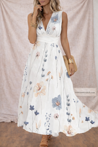 Floral Maxi Dress with V-Neck and Sleeveless Design – Relaxed Flowy Fit