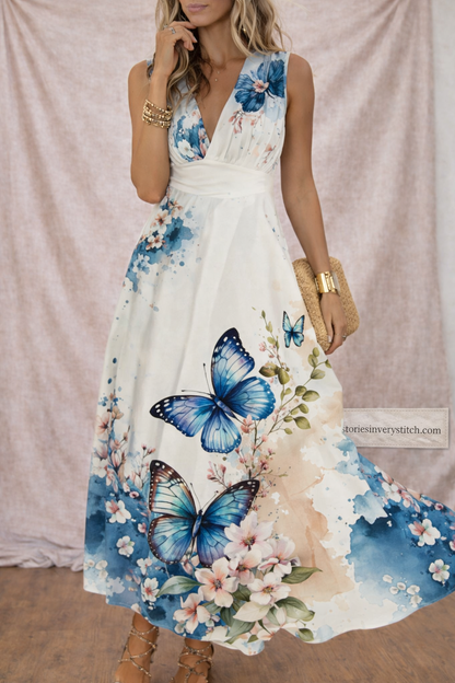 Floral Maxi Dress with V-Neck and Sleeveless Design – Relaxed Flowy Fit