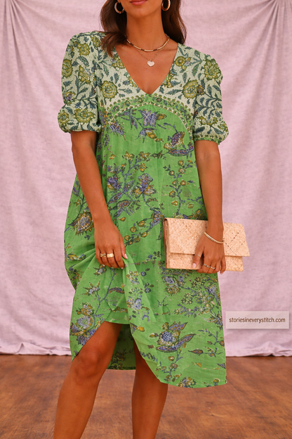 Women’s Floral Wrap Mini Dress – V-Neck Puff Sleeve Summer Dress