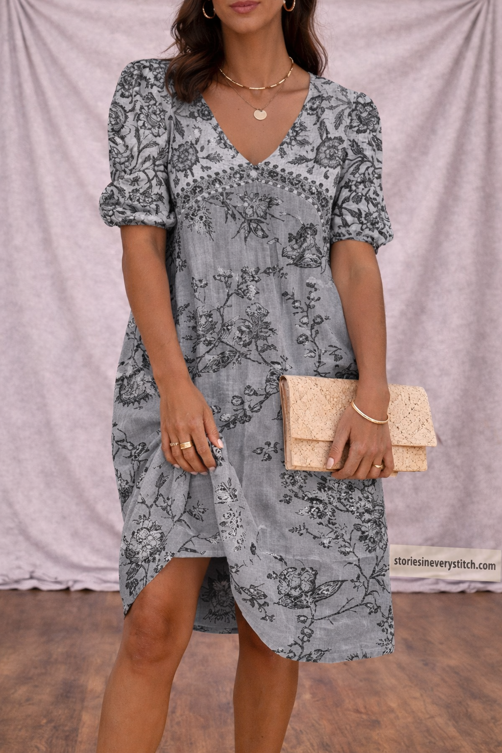 Women’s Floral Wrap Mini Dress – V-Neck Puff Sleeve Summer Dress