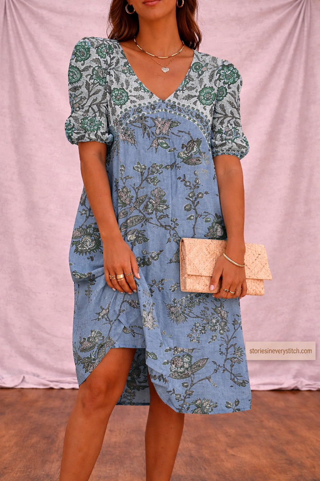 Women’s Floral Wrap Mini Dress – V-Neck Puff Sleeve Summer Dress