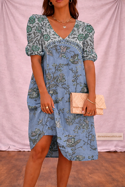 Women’s Floral Wrap Mini Dress – V-Neck Puff Sleeve Summer Dress