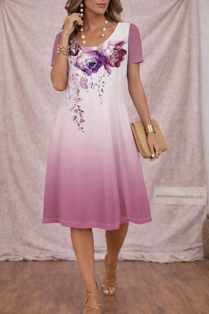Women’s Butterfly Print Midi Dress – Short Sleeve Casual Summer Dress