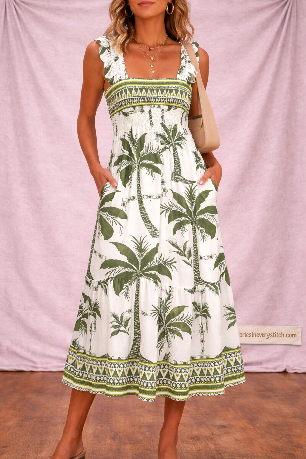 Women’s Tropical Print Midi Dress – Sleeveless Summer Beach Dress