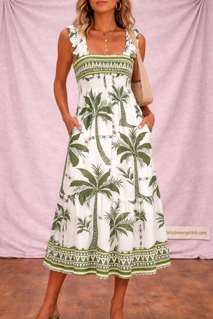 Women’s Tropical Print Midi Dress – Sleeveless Summer Beach Dress
