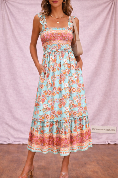 Women’s Tropical Print Midi Dress – Sleeveless Summer Beach Dress