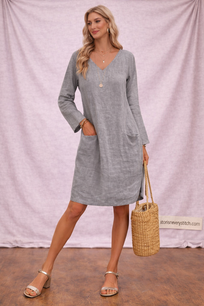 Women’s Casual V-Neck Long Sleeve Mini Dress – Relaxed Everyday Dress with Pockets