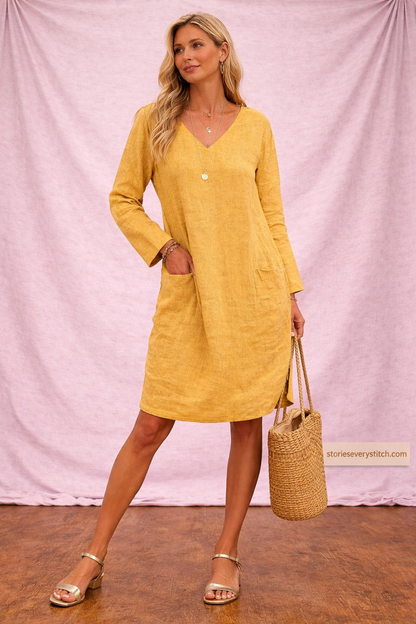 Women’s Casual V-Neck Long Sleeve Mini Dress – Relaxed Everyday Dress with Pockets