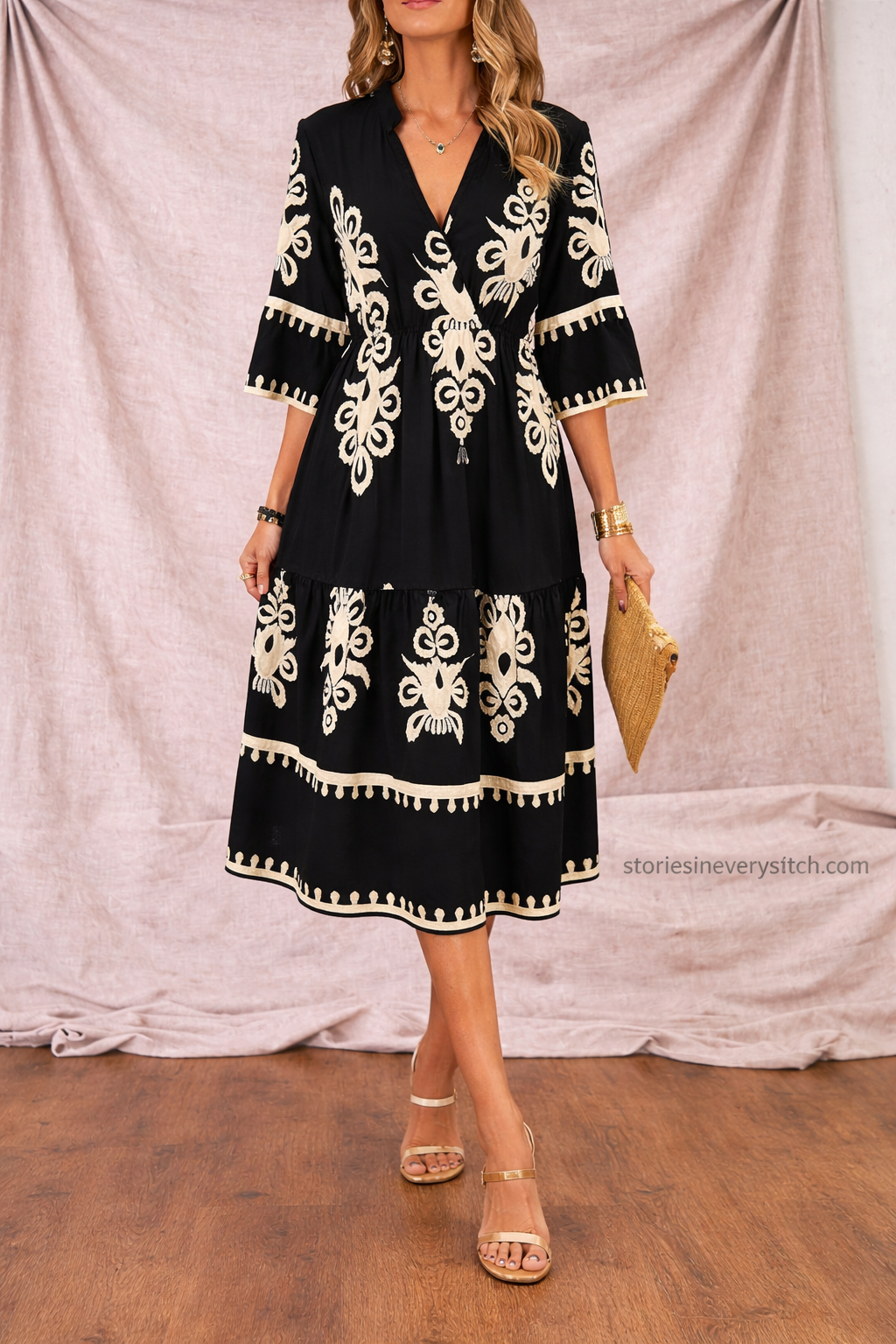 Boho Embroidered Midi Dress with V-Neck and Three-Quarter Sleeves – Relaxed Flowy Fit