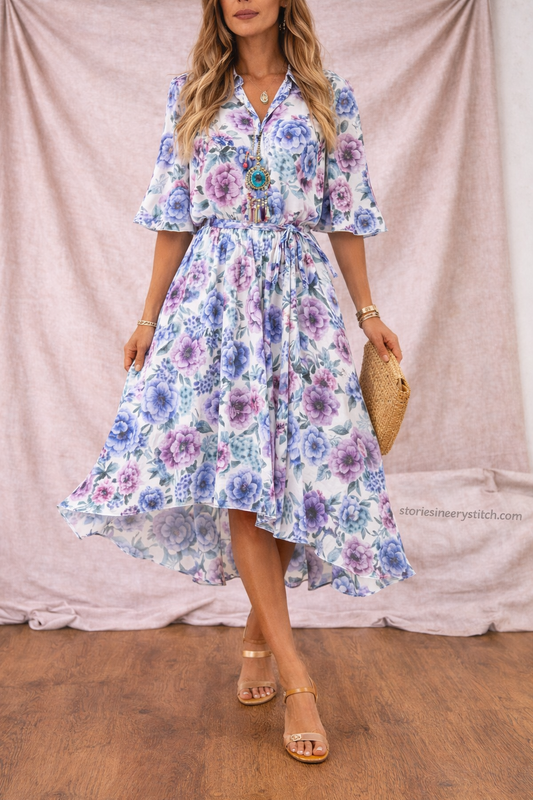 Women’s Floral Midi Dress – V-Neck Flutter Sleeve Summer Dress