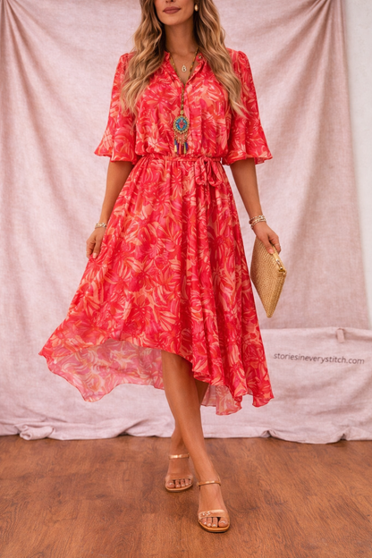 Women’s Floral Midi Dress – V-Neck Flutter Sleeve Summer Dress