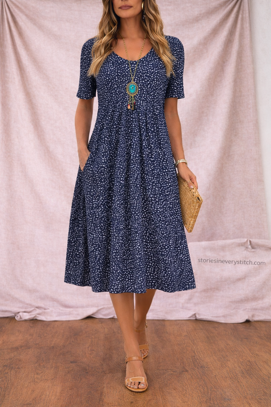 Printed Midi Dress with Short Sleeves and Round Neck – Relaxed Flowy Fit