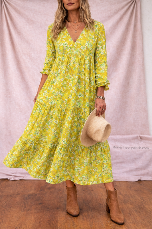 Floral Maxi Dress with V-Neck and Long Sleeves – Relaxed Flowy Fit