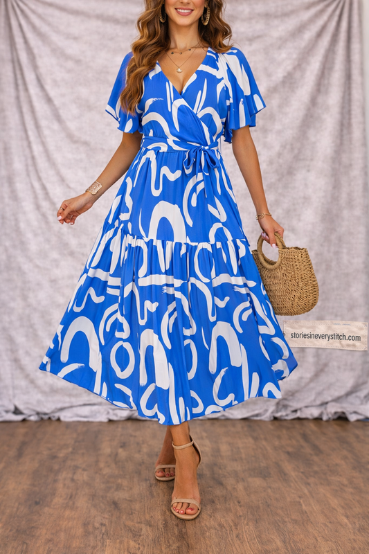 Women’s V-Neck Printed Midi Dress – Short Sleeve A-Line Casual Summer Dress