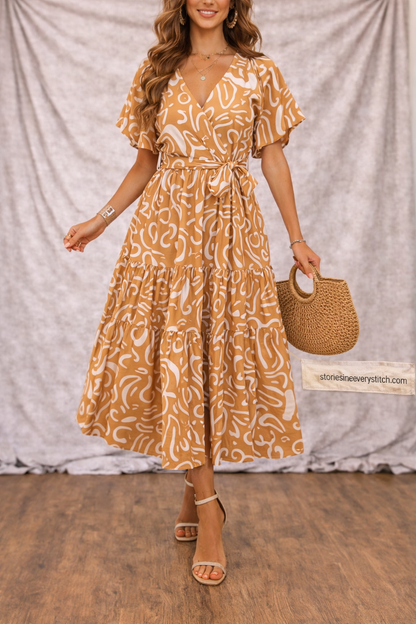 Women’s V-Neck Printed Midi Dress – Short Sleeve A-Line Casual Summer Dress