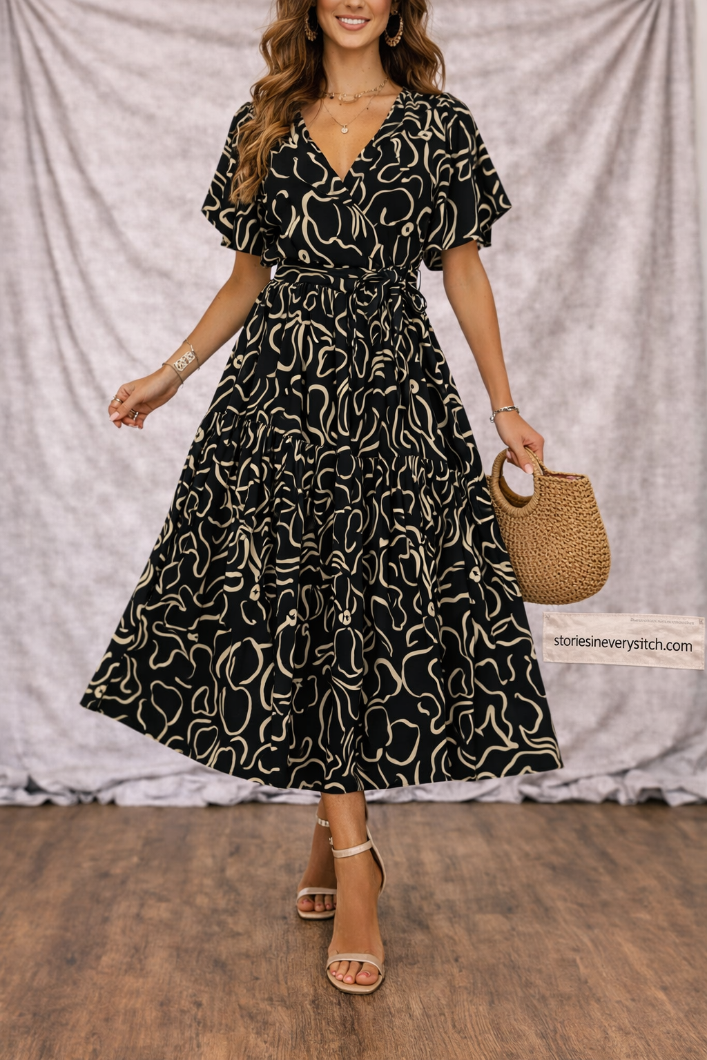 Women’s V-Neck Printed Midi Dress – Short Sleeve A-Line Casual Summer Dress