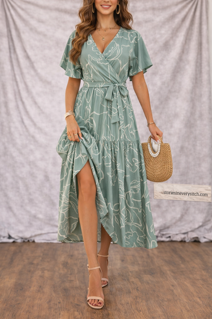 Women’s V-Neck Printed Midi Dress – Short Sleeve A-Line Casual Summer Dress