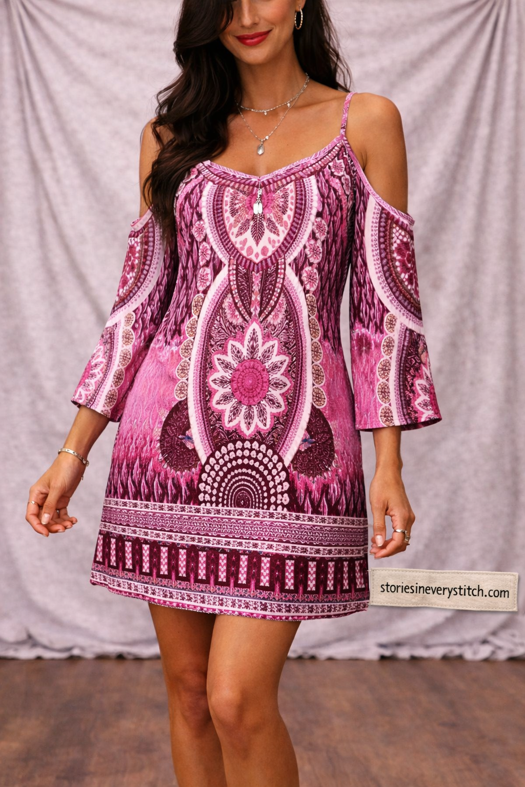 Women’s Boho Cold Shoulder Mini Dress – Off Shoulder Printed Summer Dress