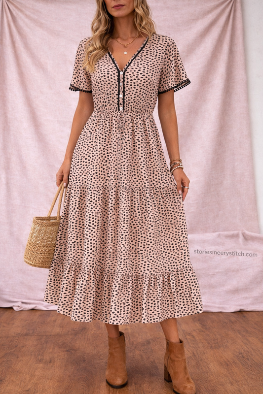 Leopard Print Midi Dress with V-Neck and Short Sleeves – Relaxed Flowy Fit