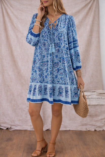 Women’s Boho Printed Mini Dress – V-Neck Long Sleeve Casual Dress