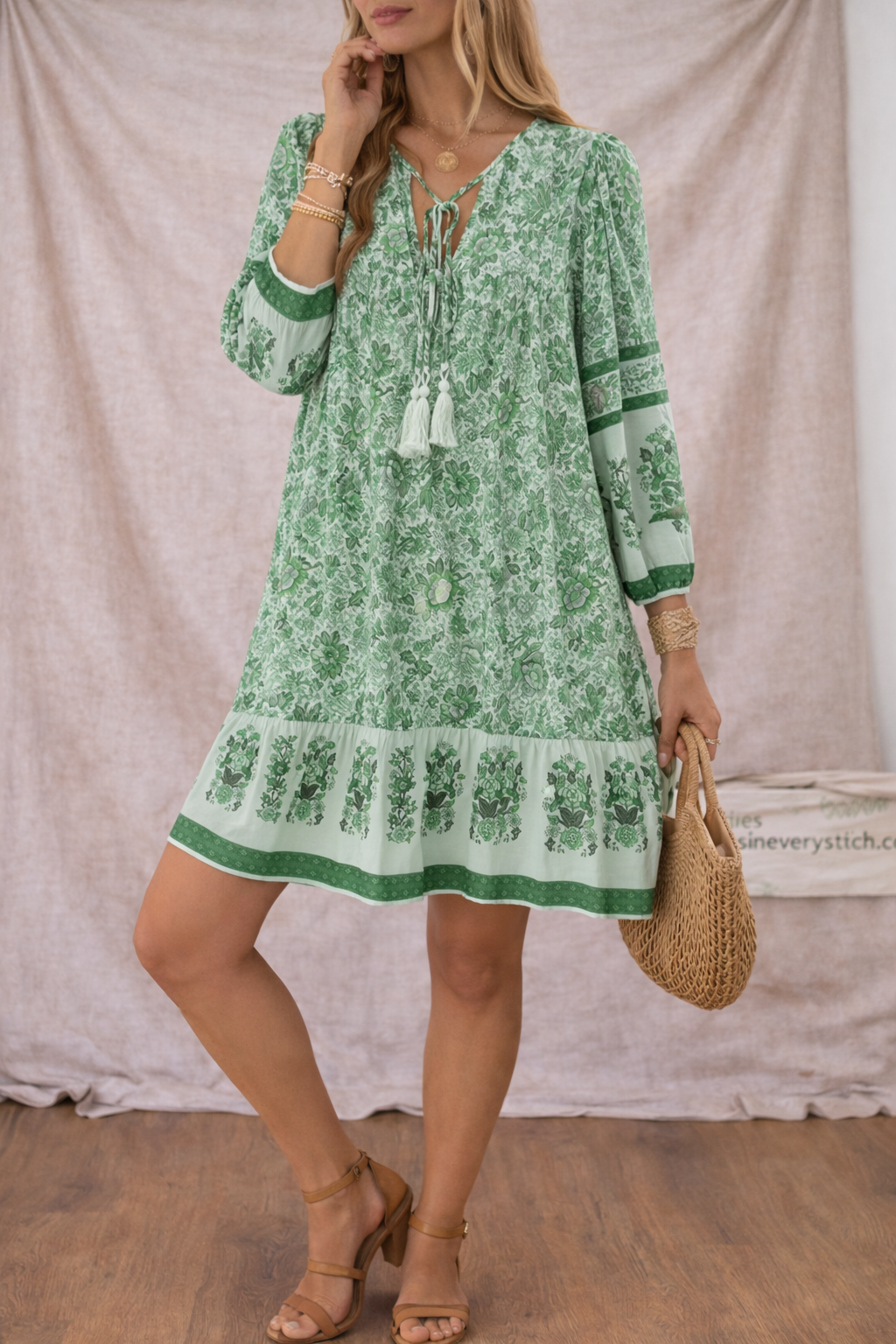 Women’s Boho Printed Mini Dress – V-Neck Long Sleeve Casual Dress