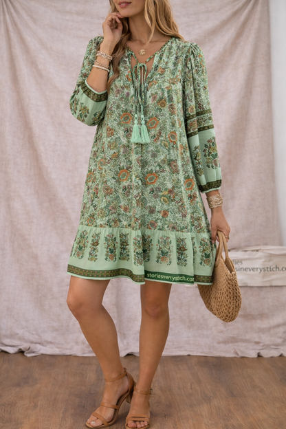 Women’s Boho Printed Mini Dress – V-Neck Long Sleeve Casual Dress