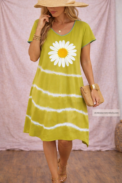 Women’s Daisy Print Casual Dress – Short Sleeve Summer Mini Dress