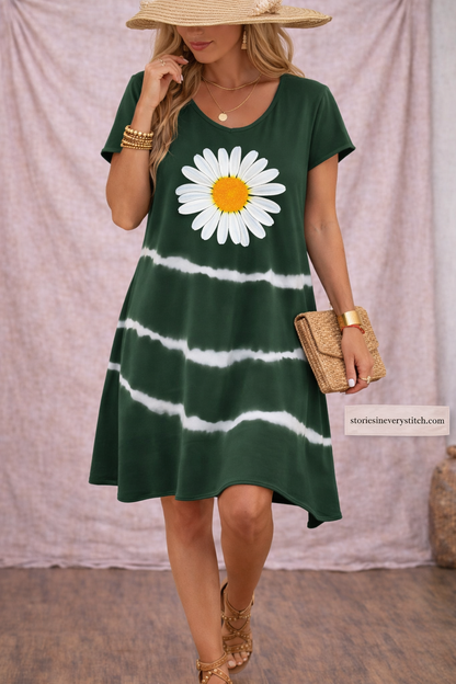Women’s Daisy Print Casual Dress – Short Sleeve Summer Mini Dress