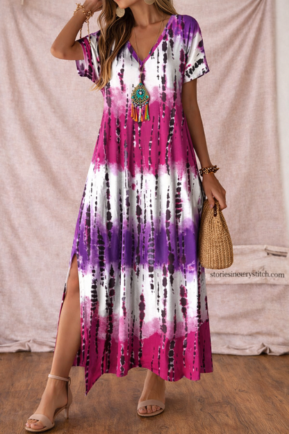 Women’s Tie-Dye Maxi Dress – V-Neck Short Sleeve Boho Summer Dress