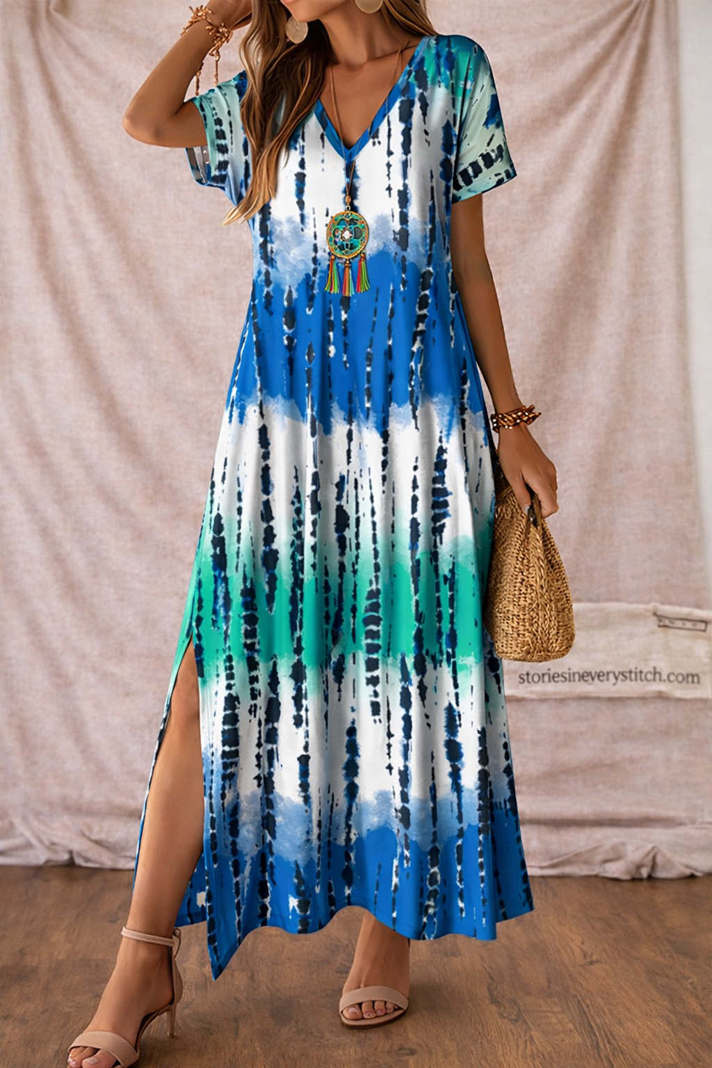 Women’s Tie-Dye Maxi Dress – V-Neck Short Sleeve Boho Summer Dress