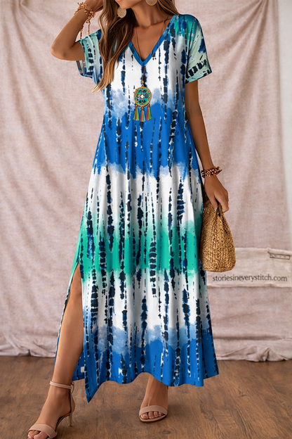 Women’s Tie-Dye Maxi Dress – V-Neck Short Sleeve Boho Summer Dress