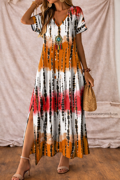 Women’s Tie-Dye Maxi Dress – V-Neck Short Sleeve Boho Summer Dress